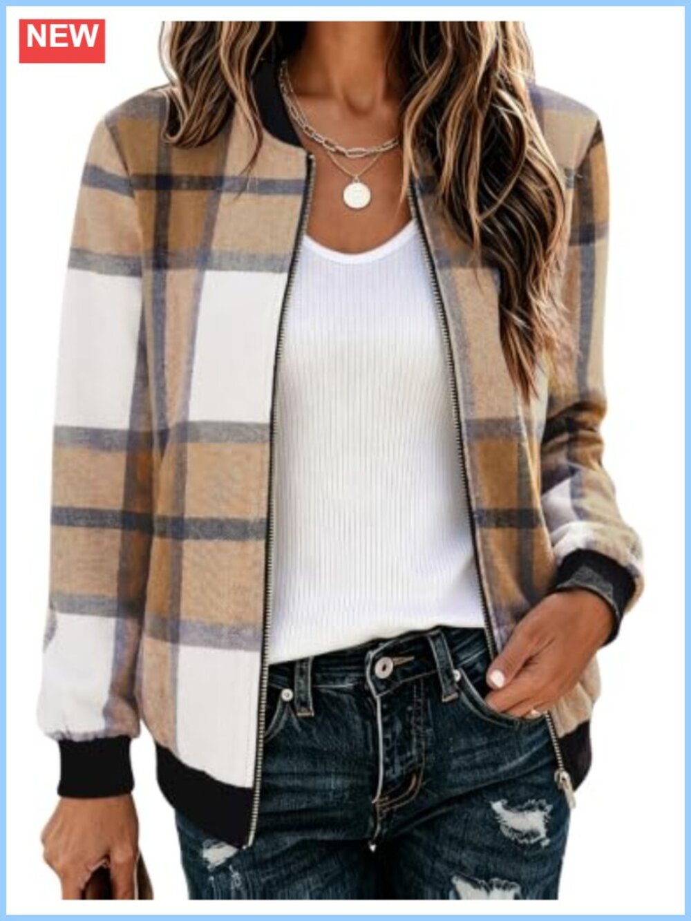Zeagoo Women's Lightweight Plaid Flannel Bomber Jacket Zip Up Fall Coat